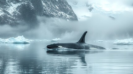 Fototapeta premium Majestic orca swimming gracefully in icy waters, surrounded by glaciers and misty mountains