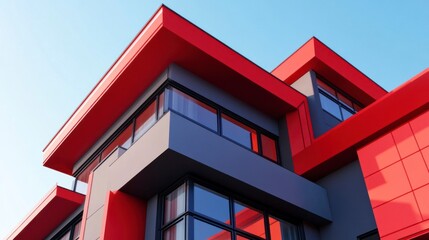 A modern house with red and gray exterior walls, featuring window frames in black. The building has three floors, each showcasing different architectural styles.