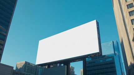 A blank white billboard on the side of an office building, with a clear blue sky in the background. The billboard is large and wide