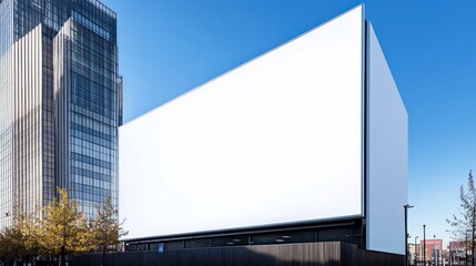 A blank white billboard on the side of an office building, with a clear blue sky in the background. The billboard is large and wide