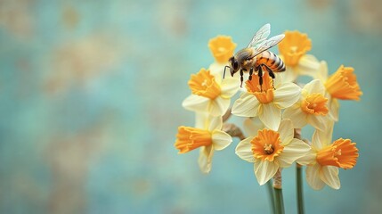 Close-up of a bee pollinating bright yellow daffodils against a soft, blurred background