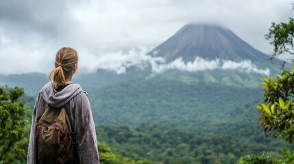 Fototapeta premium A female backpacker in a poncho and hiking boots stands in front of the Arenal Volcano, Costa Rica, with steam rising from its peak. The lush rainforest surrounding the volcano adds to the dramatic sc