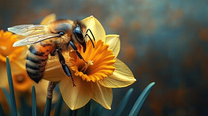 Close-up of a bee pollinating a vibrant yellow daffodil in a serene garden setting