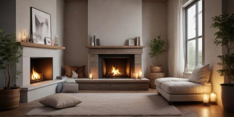 Cozy reading nook with soft cushions and a fireplace, relaxing atmosphere, cozy corner, soft cushions