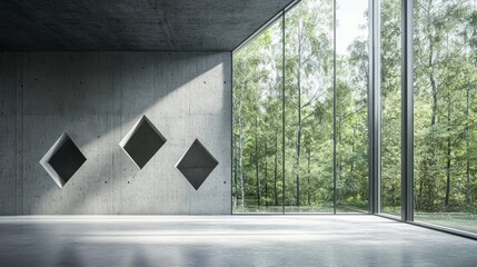 Interior view of an open space with concrete walls and large windows. There is a forest in the background, and a wall has three triangular cutouts on it