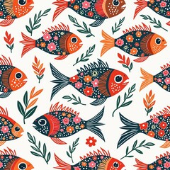 Obraz premium Bohemian Fish Floral Wallpaper Design AI Art