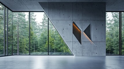 Interior view of an open space with concrete walls and large windows. There is a forest in the background, and a wall has three triangular cutouts on it