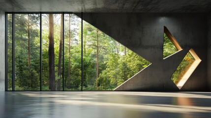 Interior view of an open space with concrete walls and large windows. There is a forest in the background, and a wall has three triangular cutouts on it