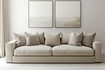 Modern beige living room, sofa, blank art wall.