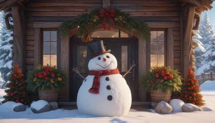 Cozy winter house with large wreath and snowman, seasonal decor, festive lights, porch light