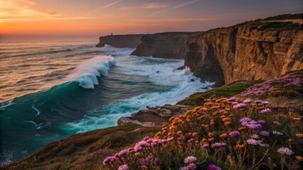 Vibrant Coastal Sunset: Long Exposure Photography of Seascape and Cliffside Bloom