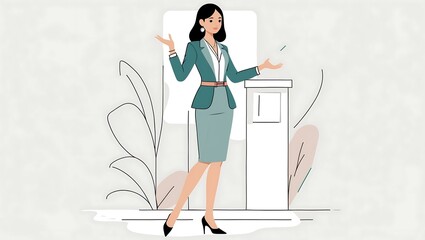 Flat Design Character An elegant businesswoman wearing a stylish outfit, poised for a successful day at work or a meeting.