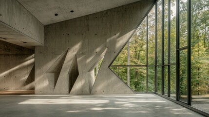 Interior view of an open space with concrete walls and large windows. There is a forest in the background, and a wall has three triangular cutouts on it