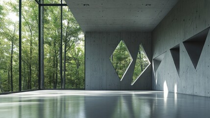 Interior view of an open space with concrete walls and large windows. There is a forest in the background, and a wall has three triangular cutouts on it