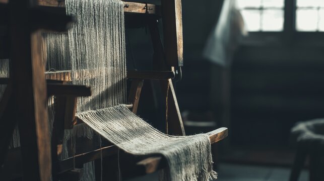 Scene of a weaving setup. Featuring loom, threads, and a woven fabric. Highlighting the art of weaving. Ideal for DIY and craft blogs.
