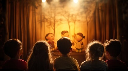 Children captivated by a puppet performance in a lively park, festive atmosphere, enriching cultural experience