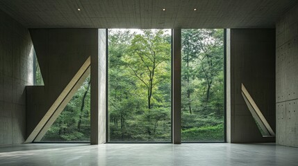 Interior view of an open space with concrete walls and large windows. There is a forest in the background, and a wall has three triangular cutouts on it