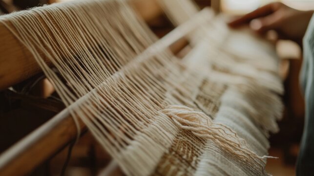Scene of a weaving setup. Featuring weaving loom, threads, and patterns. Highlighting the craftsmanship of weaving. Ideal for DIY and craft blogs.