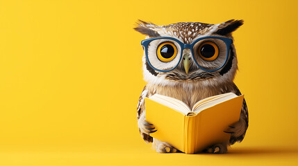 Obraz premium An owl with glasses holding a book on yellow background 