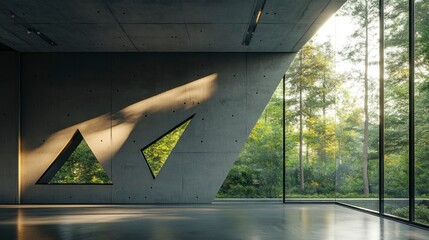 Interior view of an open space with concrete walls and large windows. There is a forest in the background, and a wall has three triangular cutouts on it