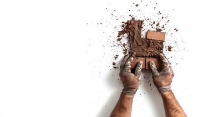 Bricklayer's hands holding a trowel and brick, a construction worker building a wall, isolated on a white background. Detailed illustration