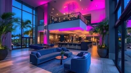 Luxurious hotel lobby lounge at dusk, vibrant lighting, tropical view