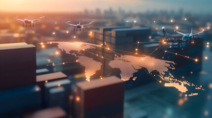 A visually striking composition showing a world map with illuminated shipping lanes and glowing data points connecting major global trade hubs. Delivery drones, cargo planes, and shipping containers