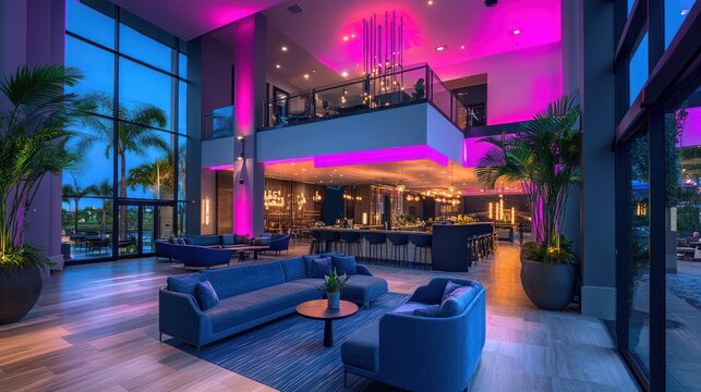 Luxurious hotel lobby lounge at dusk, vibrant lighting, tropical view