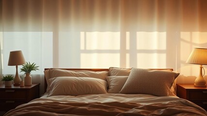Fototapeta premium Cozy and inviting big bed with fluffy pillows in a bright, airy bedroom, home decor, relaxing, interior design