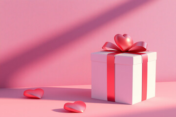 Obraz premium square pink gift box with silver ribbon, banner on soft pink background