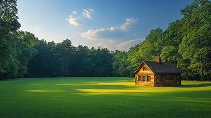 Fototapeta premium Secluded Log Cabin in a Verdant Meadow Landscape