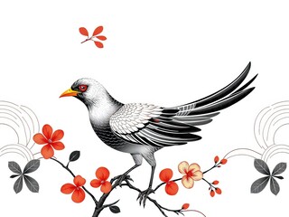 Fototapeta premium Chinoiserie Bird and Line Fusion: Abstract Art with Asian Influence