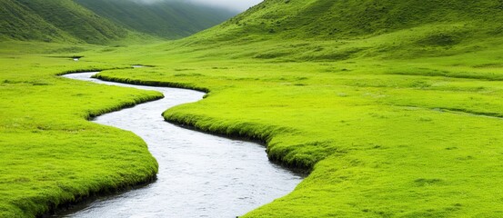 Naklejka premium A serene river flows through vibrant green meadows, surrounded by lush hills under a cloudy sky, creating a peaceful natural landscape.
