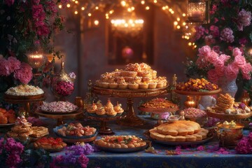 Fototapeta premium Festive dessert spread, palace setting, romantic background, food photography