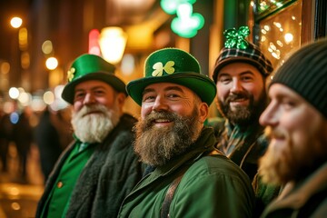 Obraz premium St. Patrick's Day celebration, group of men wearing green leprechaun hats, bearded men smiling, festive night atmosphere, glowing lights in background, Irish holiday cheer, crowded pub scene, traditio