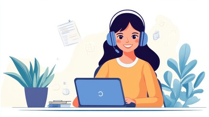 Smiling woman with headset uses laptop. Perfect for customer service, support, or online help articles.