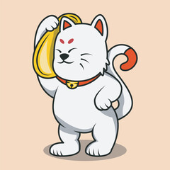 Vector icon illustration of cute fat lucky cat carrying gold pieces. Premium vector icon. Flat vector design
