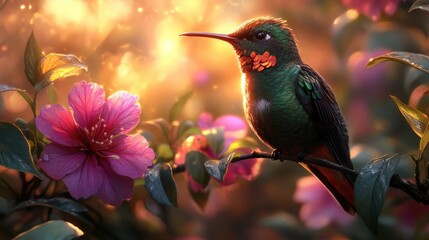 Fototapeta premium Vibrant hummingbird perched on a blooming flower branch, surrounded by a glowing sunset backdrop