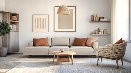 Modern living room with neutral tones and cozy decor