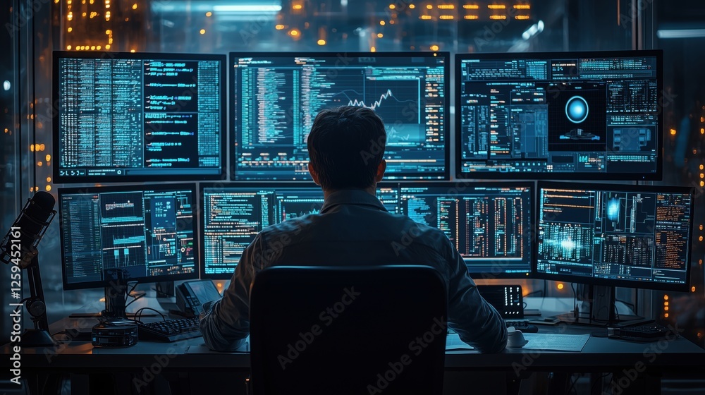 Poster professional data analyst working at multiple monitors with financial data and graphs in a modern of