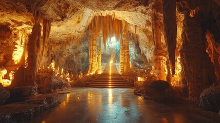 Majestic underground cave with illuminated stalactites and a stone staircase leading to light