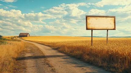 Serene Countryside Road with Blank Wooden Billboard and Golden Wheat Fields under a Colorful Sky, Perfect for Advertisements or Artful Displays
