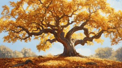 Fototapeta premium Golden autumn oak tree on hill, sunny day, peaceful landscape, nature background