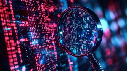 Abstract Concept of Data Process and Analysis with Colorful Binary Code and Magnifying Glass in High Tech Environment