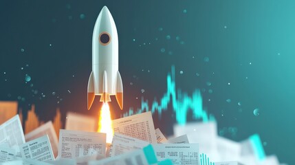 Fototapeta premium impact effect economic services&nbsp;concept. Rocket launching above papers with an upward trend in the background.