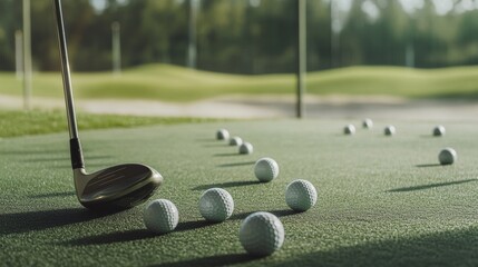 Scene of a well-equipped golf range with golfing gear. Featuring a golf club, golf balls, and practice target. Emphasizing the precision and technique in golfing. Ideal for sports and outdoor imagery.