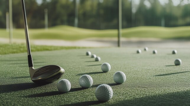 Scene of a well-equipped golf range with golfing gear. Featuring a golf club, golf balls, and practice target. Emphasizing the precision and technique in golfing. Ideal for sports and outdoor imagery.