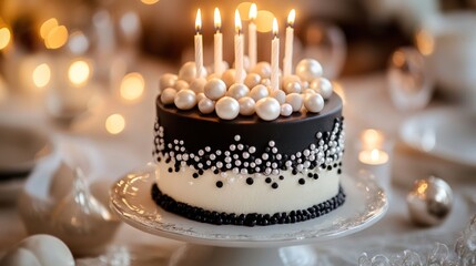 Elegant Black and White Birthday Cake with Candles and Pearl Decorations