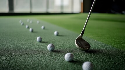 Scene of a well-equipped golf range with golfing gear. Featuring a golf club, golf balls, and practice target. Emphasizing the precision and technique in golfing. Ideal for sports and outdoor imagery.