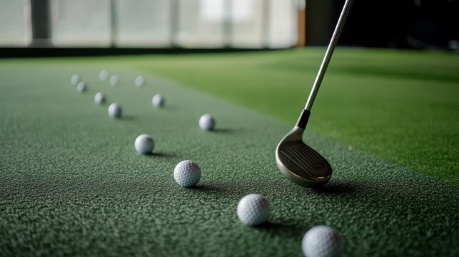 Scene of a well-equipped golf range with golfing gear. Featuring a golf club, golf balls, and practice target. Emphasizing the precision and technique in golfing. Ideal for sports and outdoor imagery.